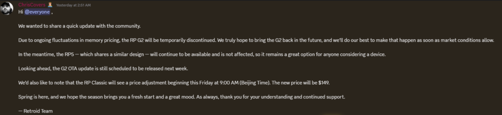 Comunicado oficial de Retroid sobre la  discontinuacion de la G2