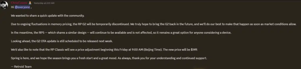 Comunicado oficial de Retroid sobre la discontinuacion de la G2